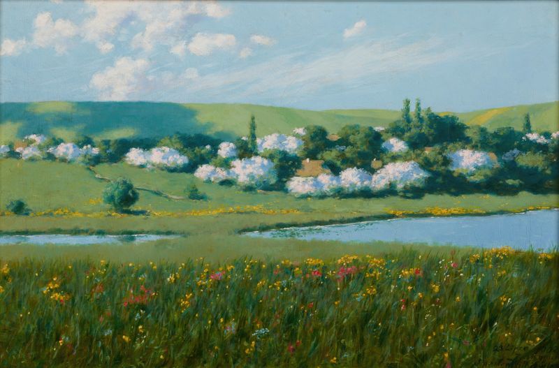 Paisagem de primavera com um lago, óleo sobre tela de Stanisław Witkiewicz