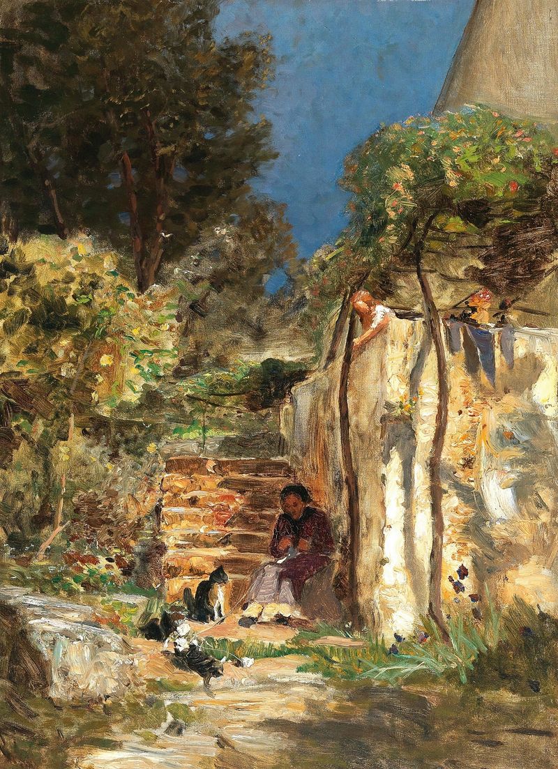 Kittens playing in a southern landscape, óleo sobre tela de Olga Wisinger-Florian