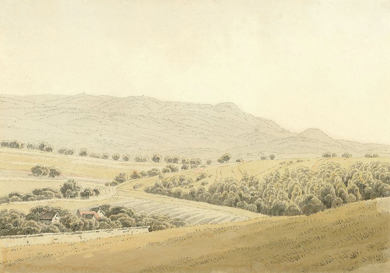 Mittelgebirgslandschaft by Caspar David Friedrich, oil on canvas depicting serene hills and mountains.