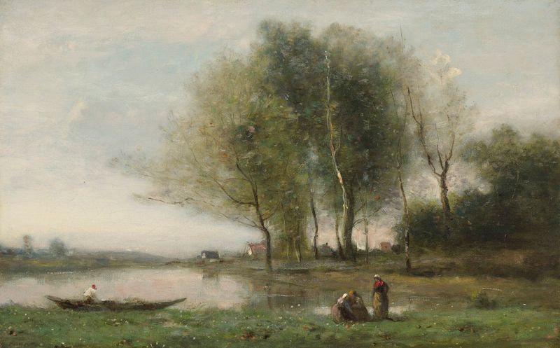 Pintura de paisagem a óleo de Jean-Baptiste-Camille Corot com um rio tranquilo ao amanhecer.