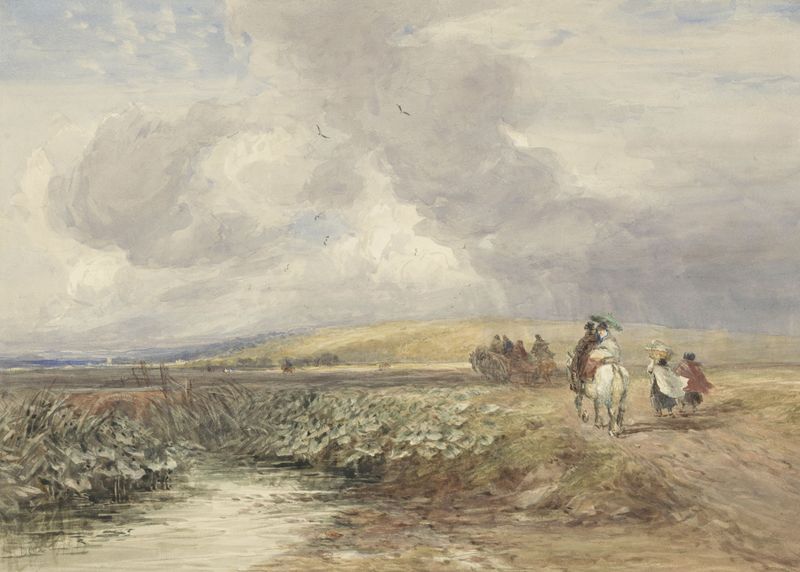 Landschap met reizigers de David Cox, viajeros en un paisaje exuberante, pintura al óleo.