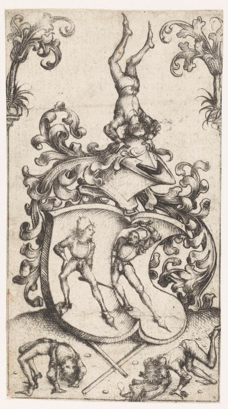 Wapenschild met acrobaten en zwaardvechters, ponta seca de Meester van het Amsterdamse Kabinet