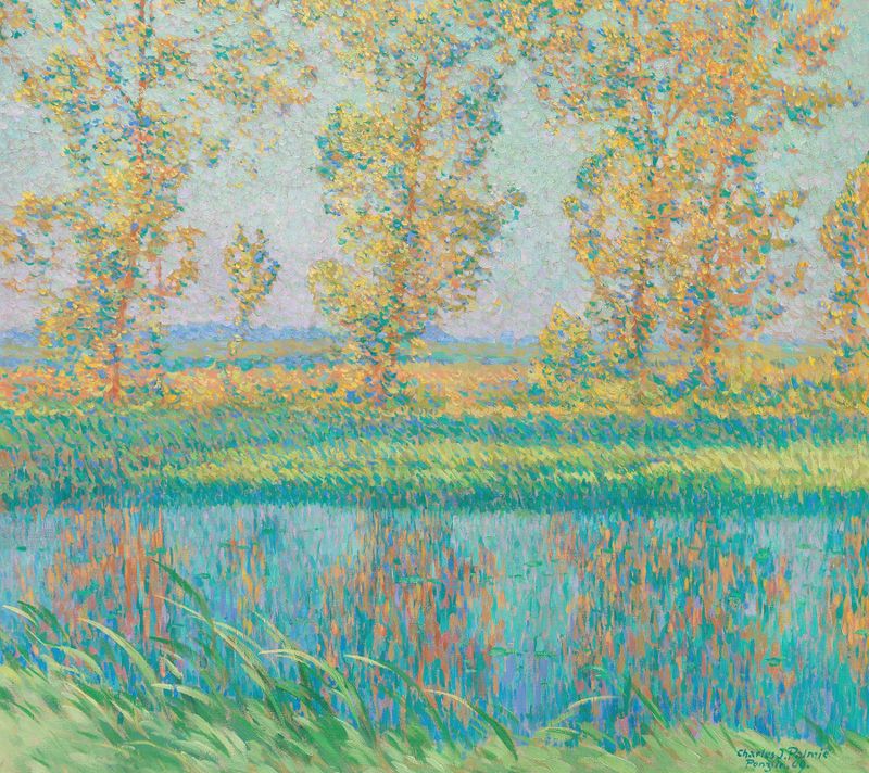 Sommerlandschaft de Charles Johann Palmié, impressionismo, retratando uma paisagem tranquila com colinas e luz do sol.