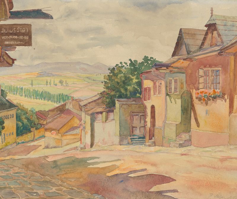 Landscape of a cobbled street in Ulička v Levoči by Florián Milan, Impressionism