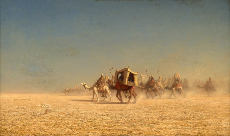 Caravan in the desert de Théodore Frere, óleo sobre lienzo, que muestra siluetas contra un paisaje al atardecer.