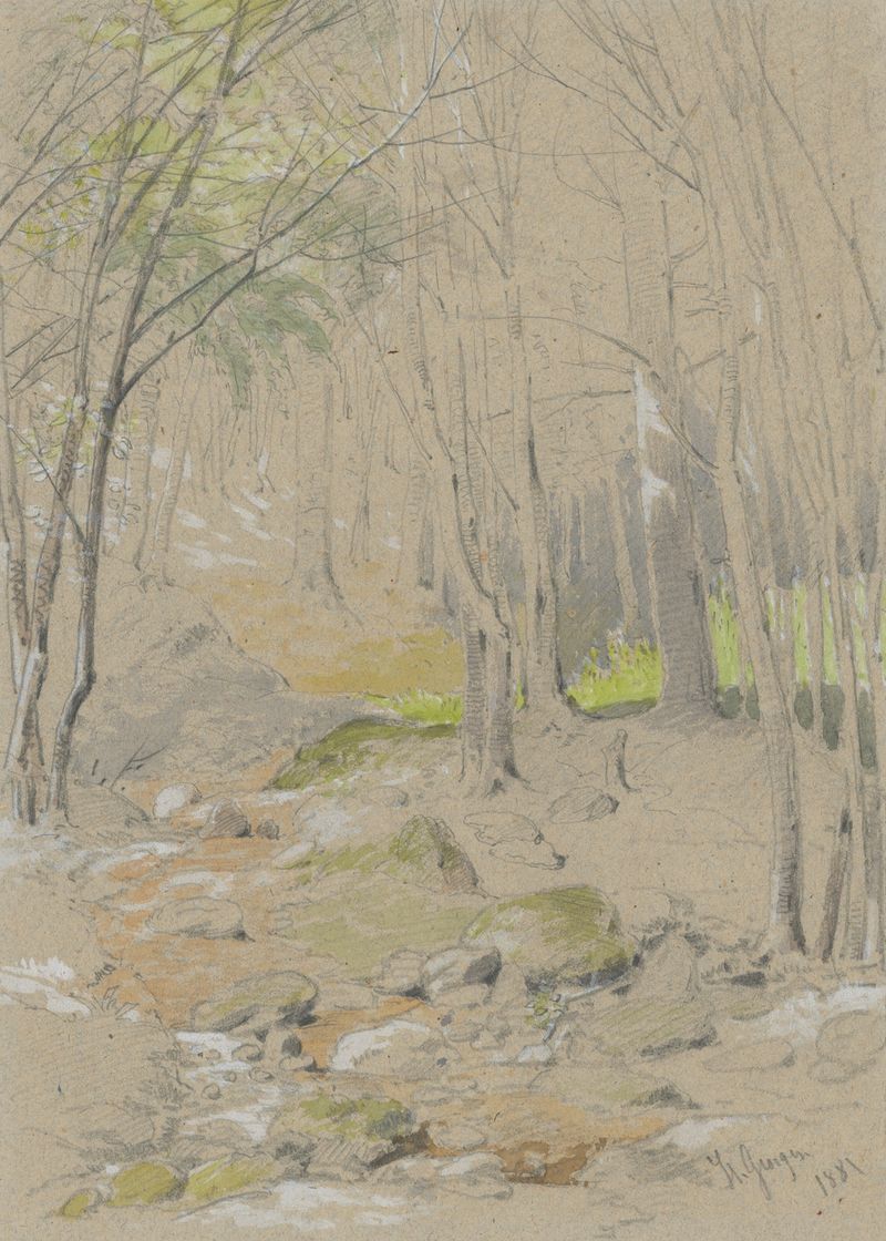 Forest Stream by Friedrich Carl von Scheidlin, oil on canvas depicting a serene landscape.