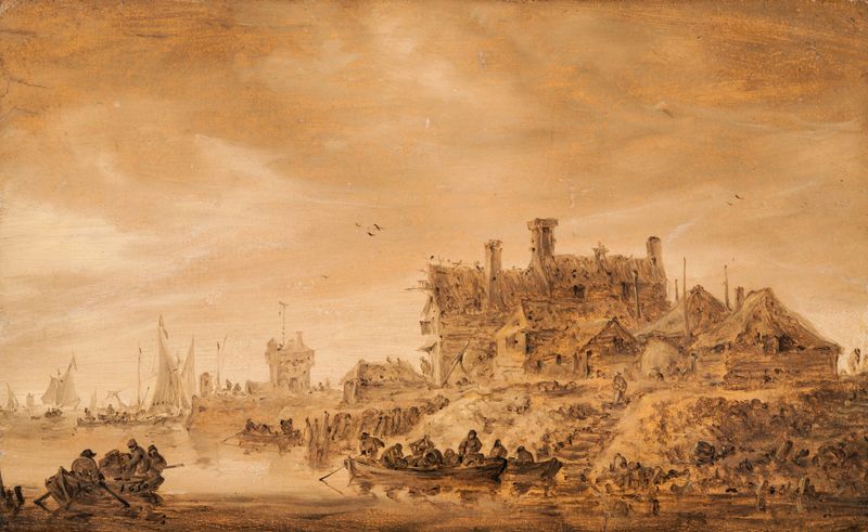 Coast Scene de Jan van Goyen, óleo sobre tela representando uma paisagem marinha serena