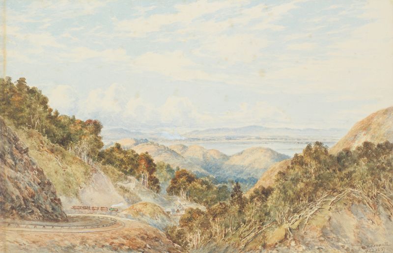 Rimutaka railway from above Cross Creek, oil painting by Charles Decimus Barraud