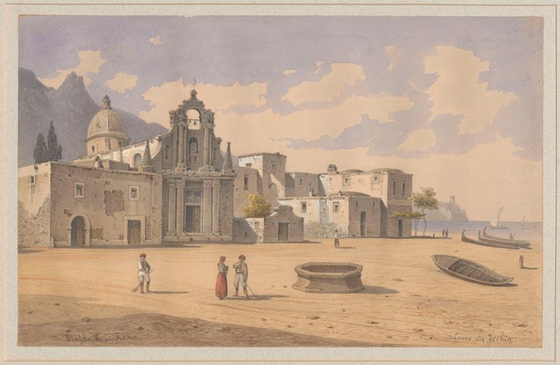 Escena marina que muestra una iglesia barroca y un muelle de Arthur Blaschnik, pintura al óleo