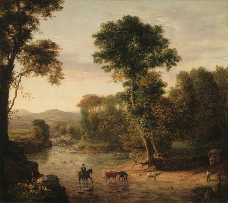 Paisaje que representa un río al amanecer, pintura al óleo de George Inness