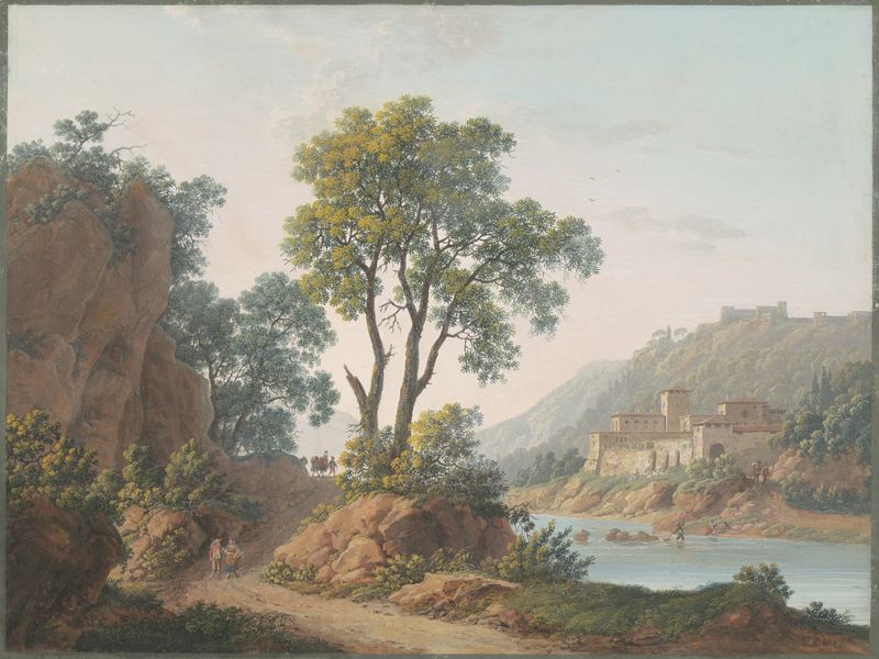 River landscape with castles and travelers, oil painting by Baron Louis-Albert-Guillain Bacler d'Albe