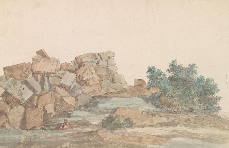 Aquarela de Abraham-Louis-Rodolphe Ducros mostrando ruínas de um templo e colunas