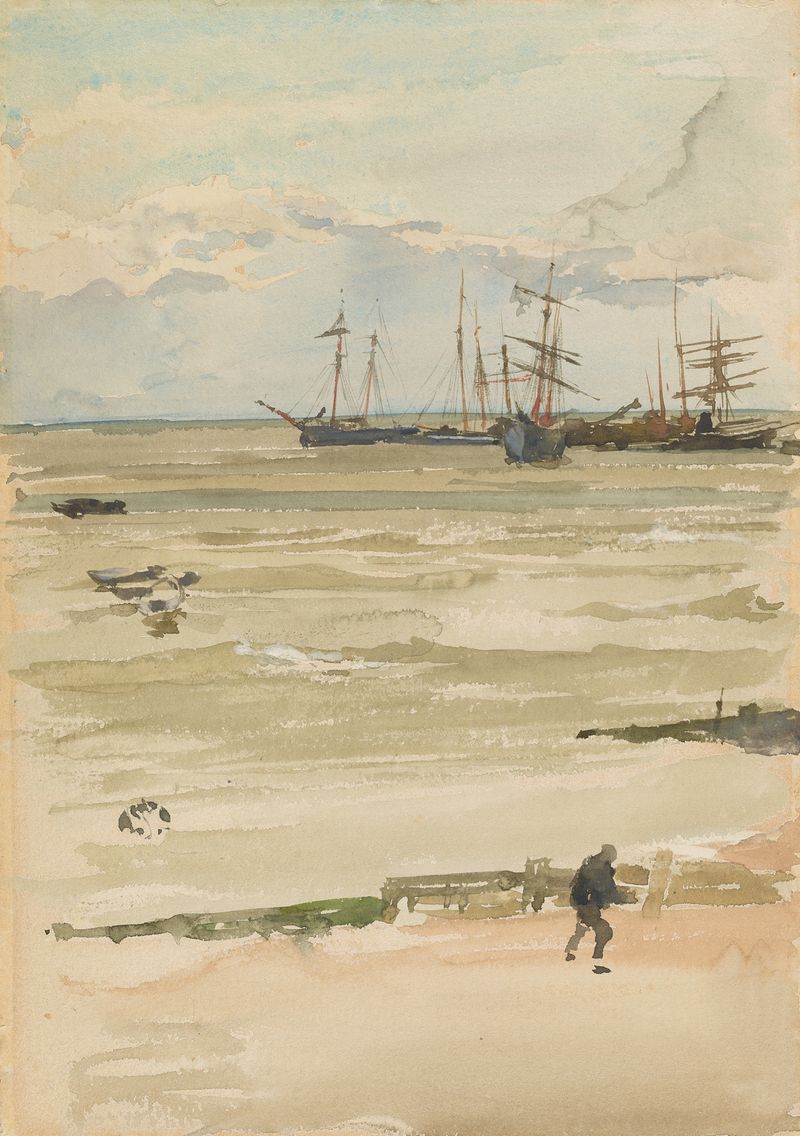 The Anchorage de James Abbott McNeill Whistler, óleo sobre lienzo que representa aguas tranquilas y un cielo reflexivo.