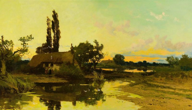 Cottage Near Pond by John Horace Hooper, impressionism, depicting a tranquil pond with reflections.