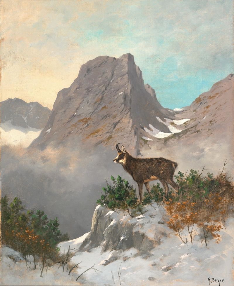 Pintura al óleo de Georg Berger que muestra un chamois en un paisaje montañoso.