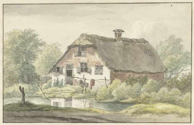 Landscape with a thatched roof cottage by Egbert van Drielst, oil painting
