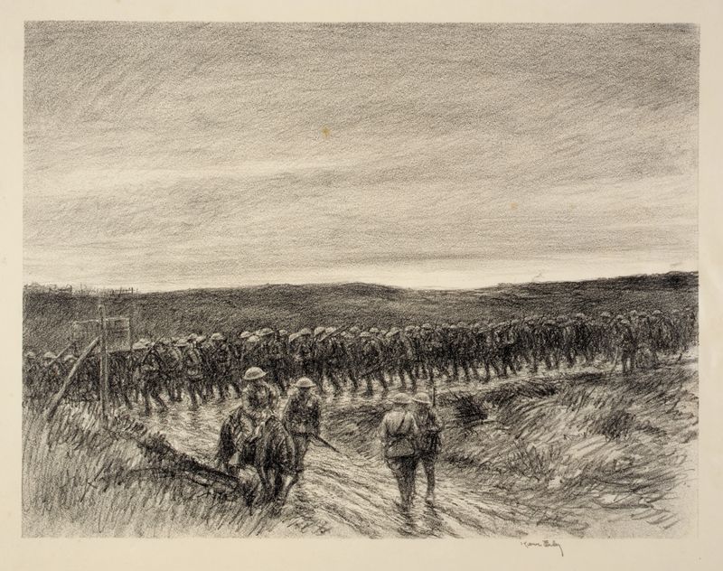 Infantry, Chateau Thierry de Kerr Eby, retratando soldados em uma paisagem, expressionismo
