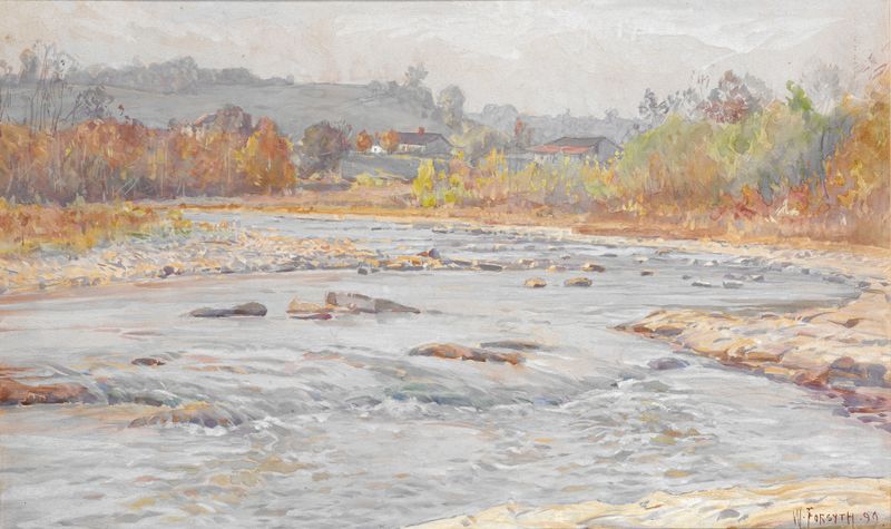 Whitewater Rapids by William J. Forsyth, oil painting depicting turbulent water and rocks.