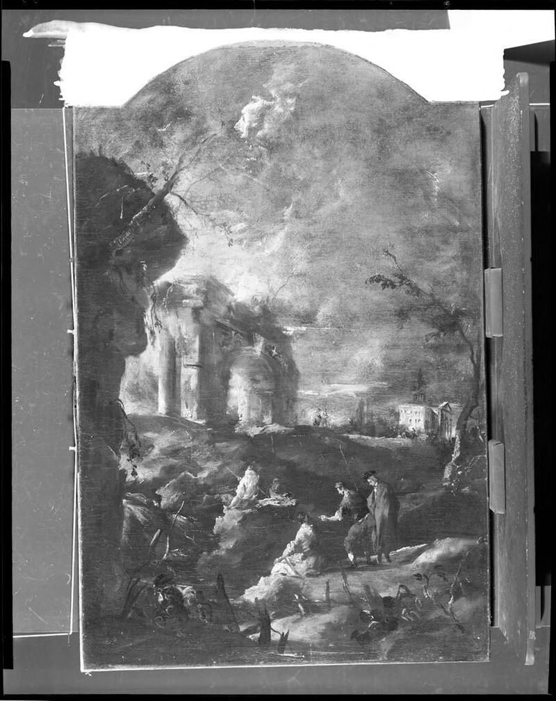 Paisaje fluvial con arco romano y pescadores de Francesco Guardi, estilo Rococó