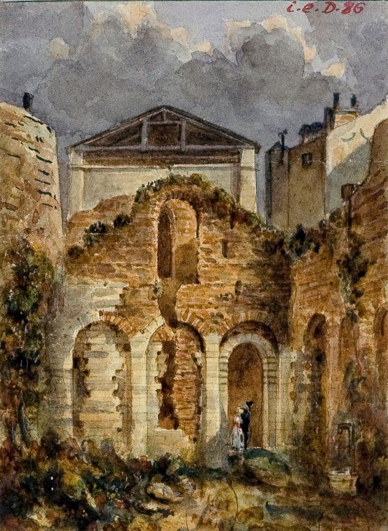 Les thermes de Julien de Auguste-Sébastien Bénard, óleo sobre tela, mostrando reflexos na água e arquitetura.