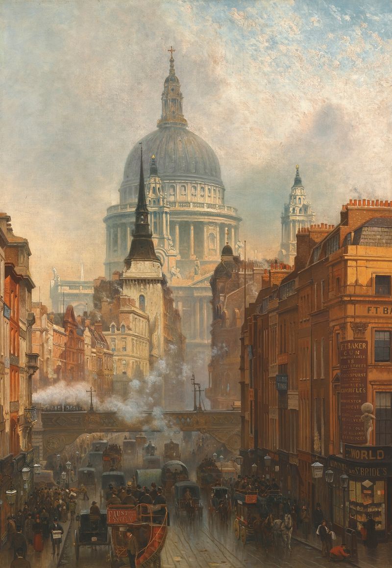 Ludgate, Evening by John O'Connor, impressionism, depicting a cityscape at twilight