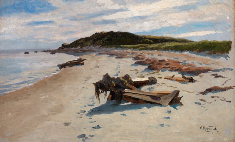 Cape Cod, Beach by Herman Hartwich, depicting a serene marine scene with waves and sand, oil painting.