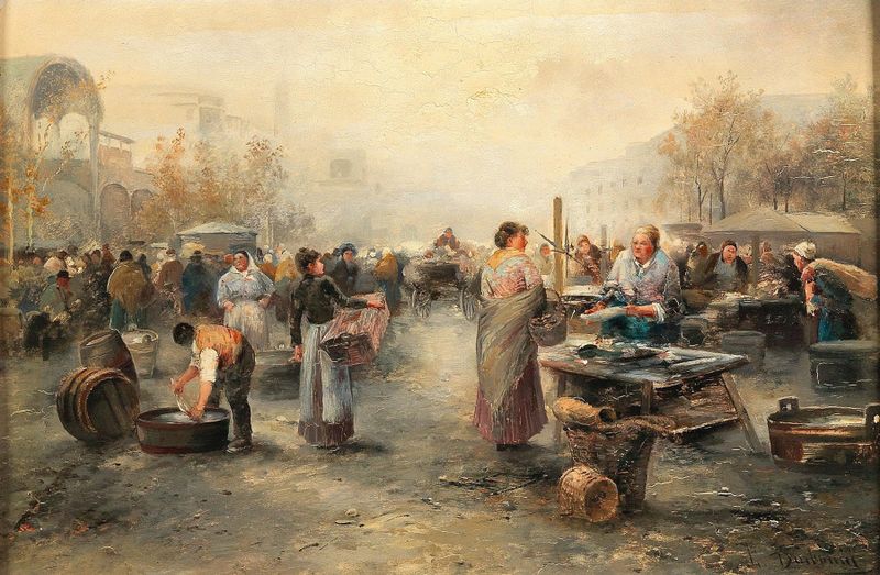 Cena vibrante do mercado de peixe em óleo sobre tela de Emil Barbarini