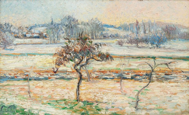Vue sur le village de Bazincourt, neige de Camille Pissarro, pintura a óleo que retrata uma paisagem de vila nevada.