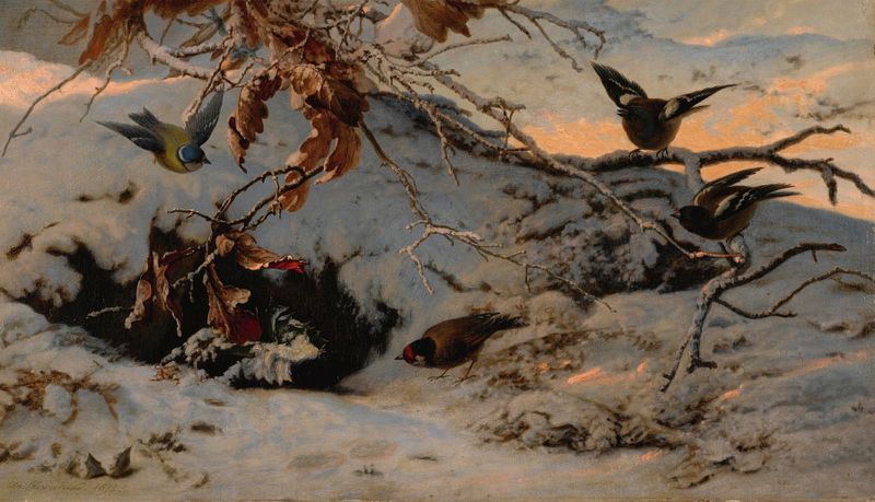 Paisaje invernal de Theude Grönland, pintura al óleo con nieve y tonos azules fríos.