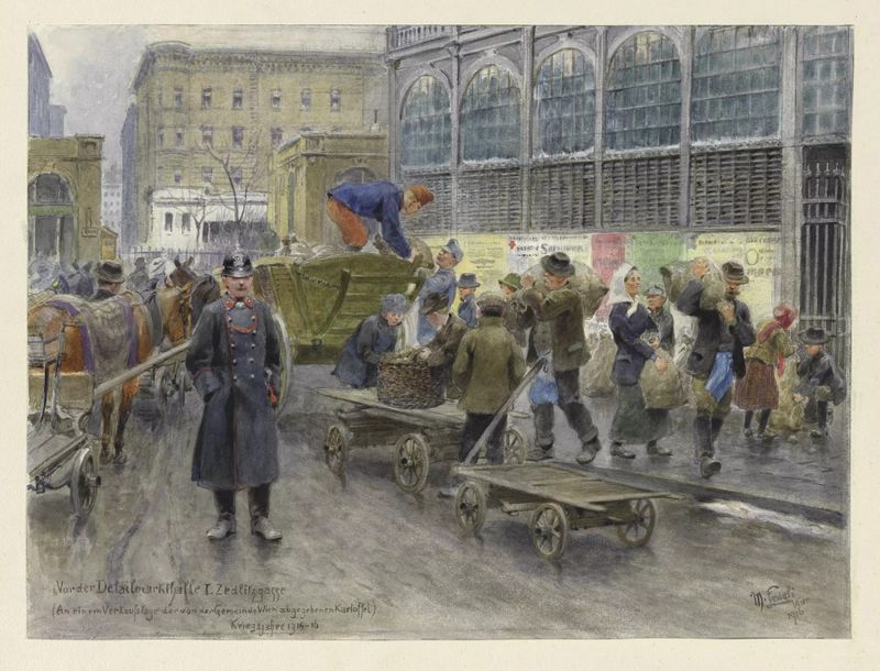 Escena de género que muestra un mercado con personas y patatas, pintura al óleo de Moritz Ledeli