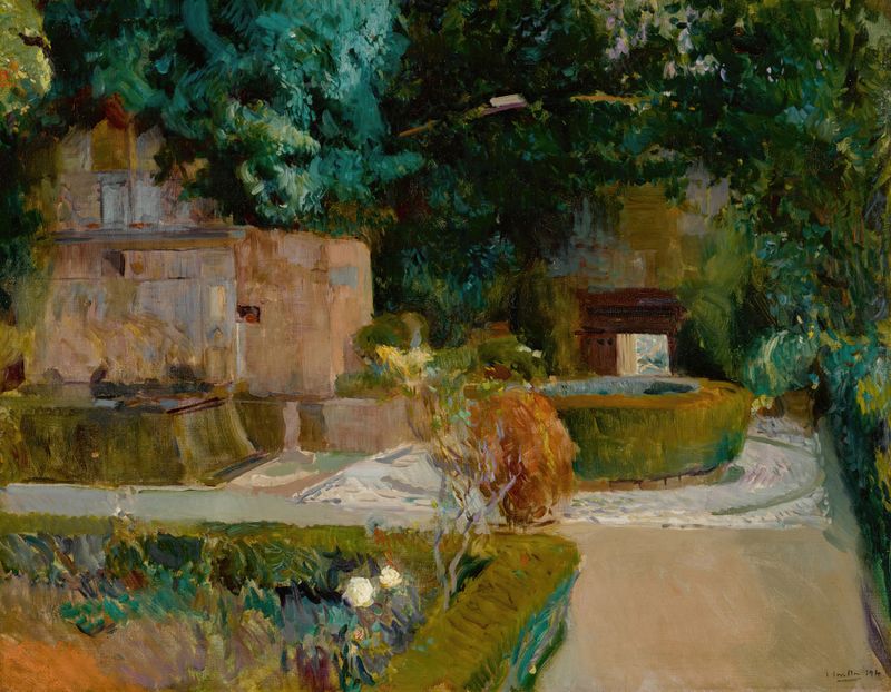 Jardín De Los Adarves, Alhambra, Granada by Joaquín Sorolla, oil on canvas depicting a lush garden.