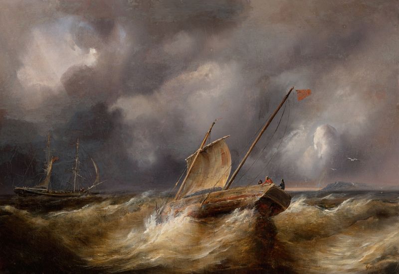 Pintura a óleo de Théodore Gudin retratando um mar tempestuoso com ondas turbulentas.