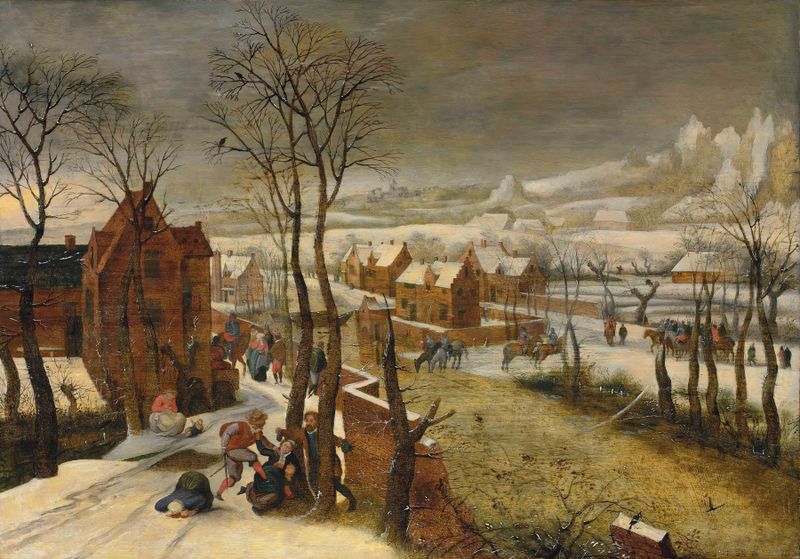 A Village Landscape In Winter With The Massacre Of The Innocents by Abel Grimmer, oil painting of a snowy village