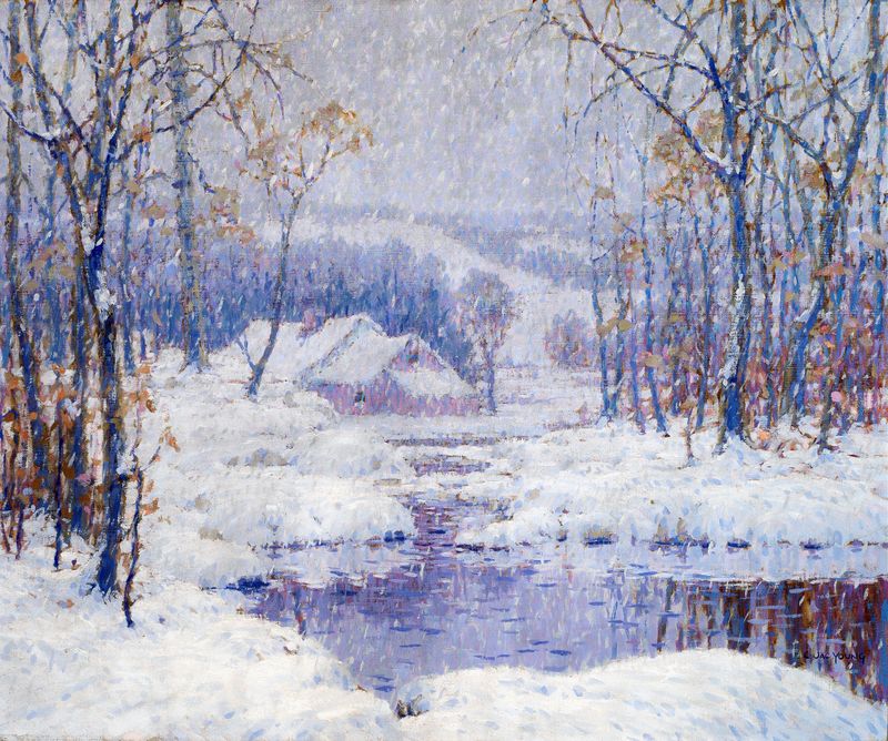 Winter Magic de C. Jac Young, un paisaje modernista con nieve y azules helados.