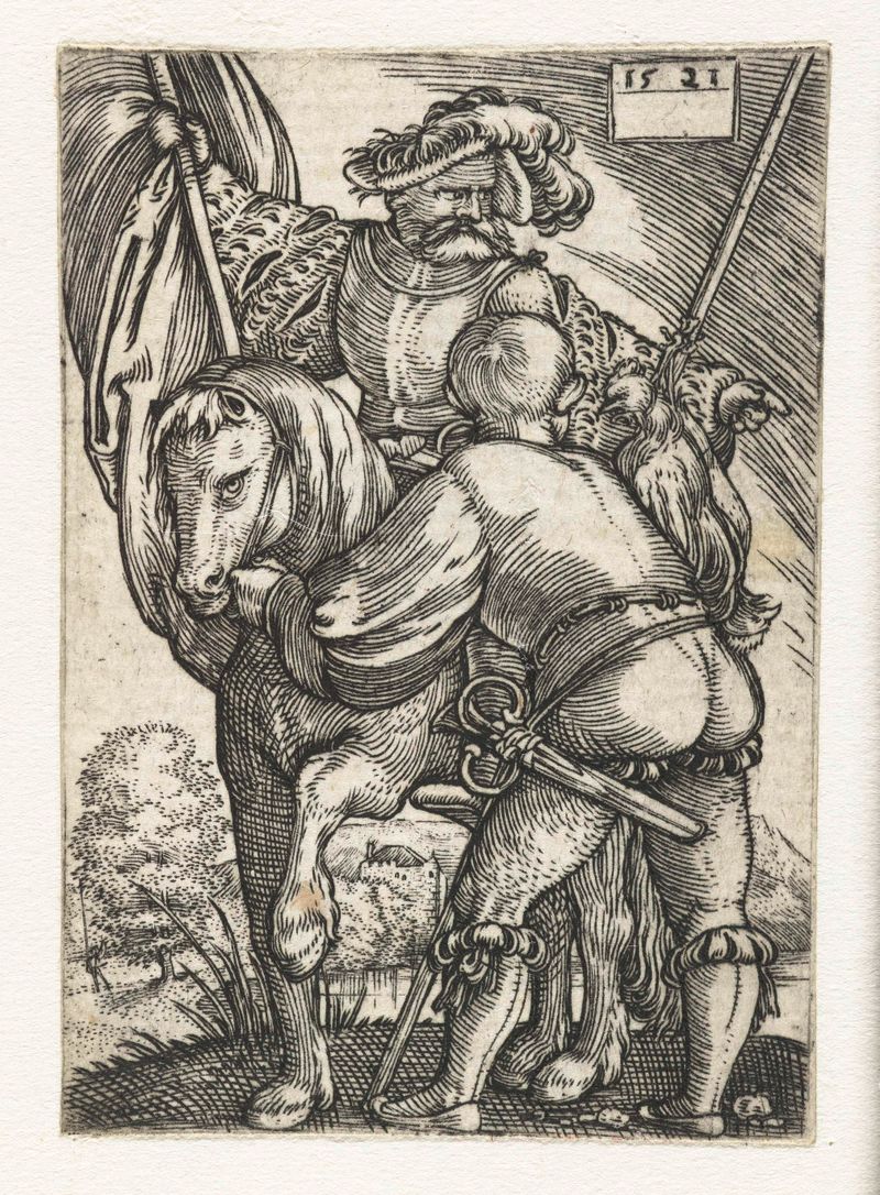 Grabado de Barthel Beham que representa a un noble a caballo con un sirviente, 1521