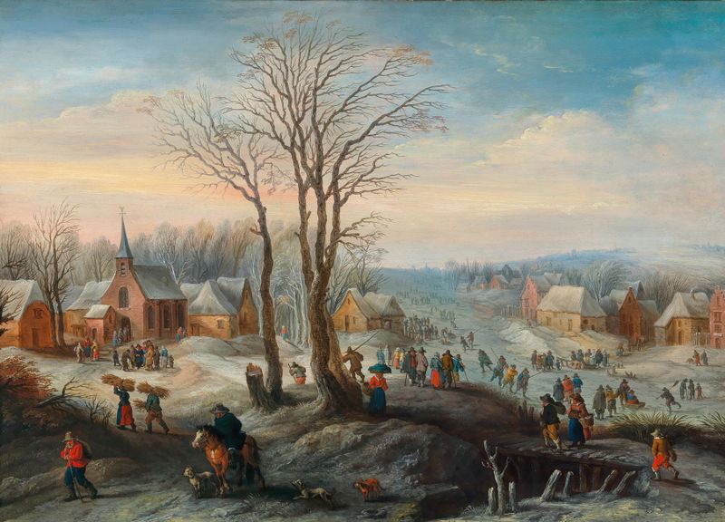 Winter landscape with figures in a village by Karel Beschey, oil painting.
