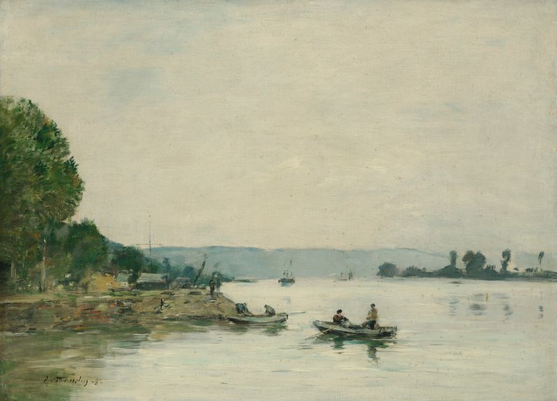 La Seine à Caudebec-en-Caux, óleo sobre lienzo de Eugène Boudin, que representa un sereno paisaje fluvial.