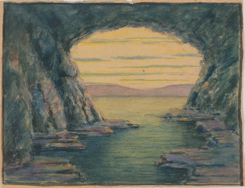 A Seaside Cave by Herbert Crowley, medium unknown, depicts a cave entrance with ocean waves.