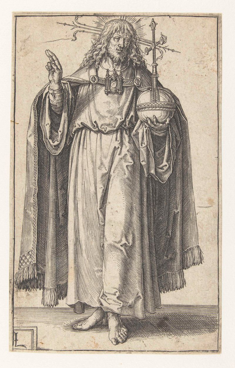 Gravura Christus als Salvator Mundi de Lucas van Leyden mostrando Cristo em ricos trajes