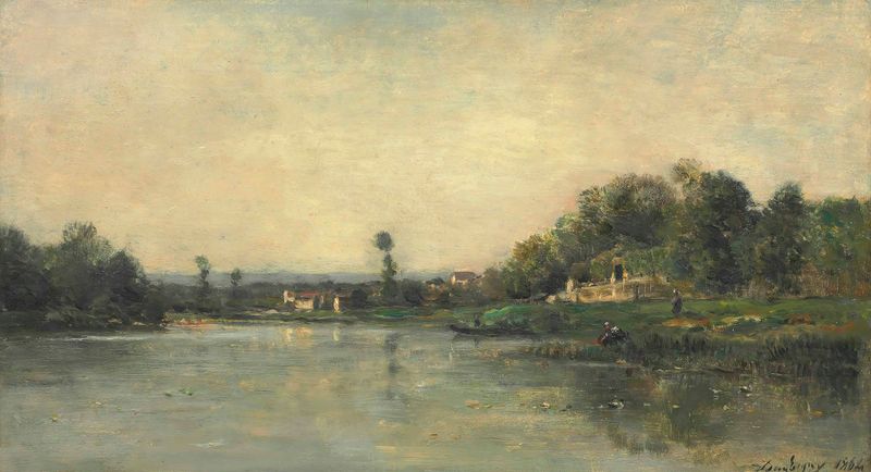 Les Bords De L’Oise, oil on canvas by Charles François Daubigny, depicting a river landscape at dusk.