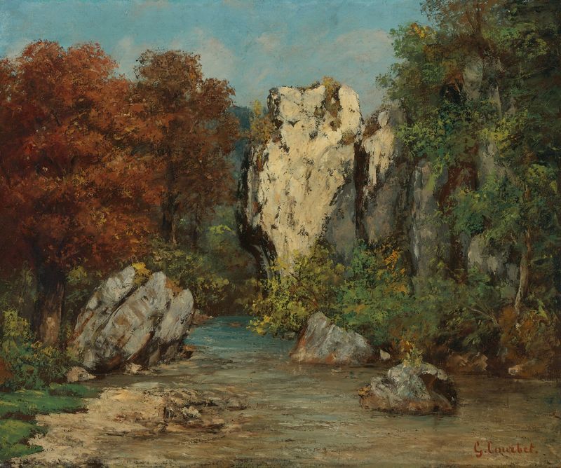 Paisaje con un río y una formación rocosa de Gustave Courbet, pintura al óleo