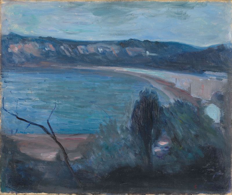 Moonlight by the Mediterranean, óleo sobre tela de Edvard Munch mostrando água cintilante sob a luz da lua.