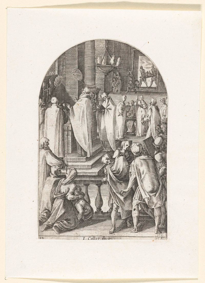 Grabado de Jacques Callot que representa a un sacerdote con ricos vestimentas durante una ceremonia religiosa