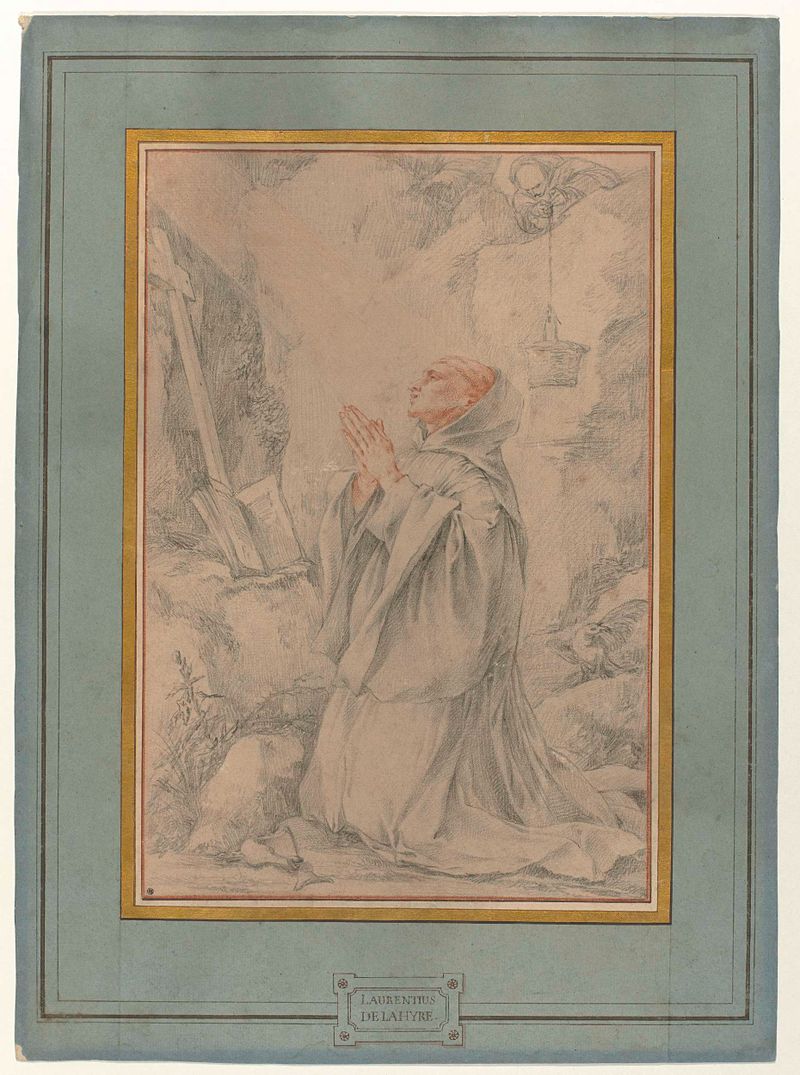 Religious drawing by Laurent de La Hire depicting figures in a grotto, paper