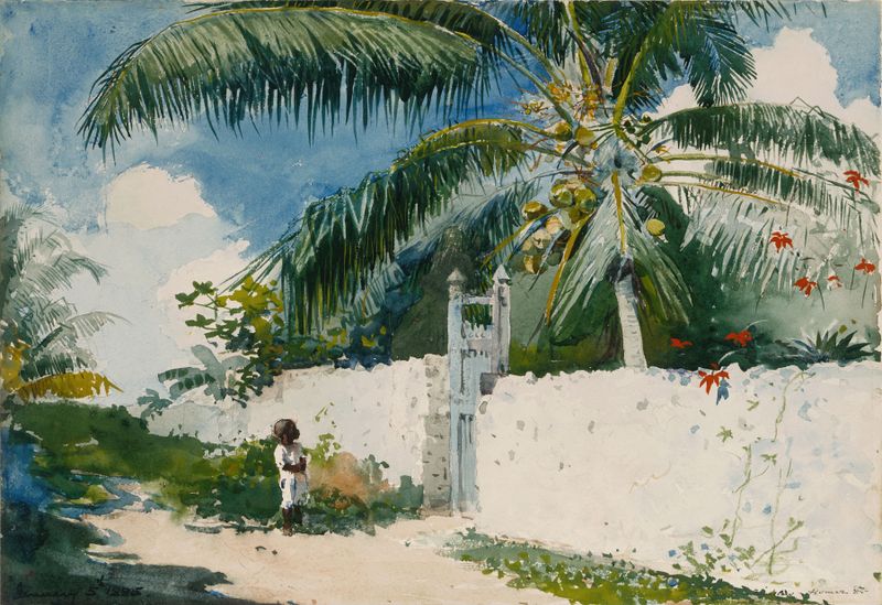 Aquarela de Winslow Homer mostrando mulheres cuidando de flores em um jardim.