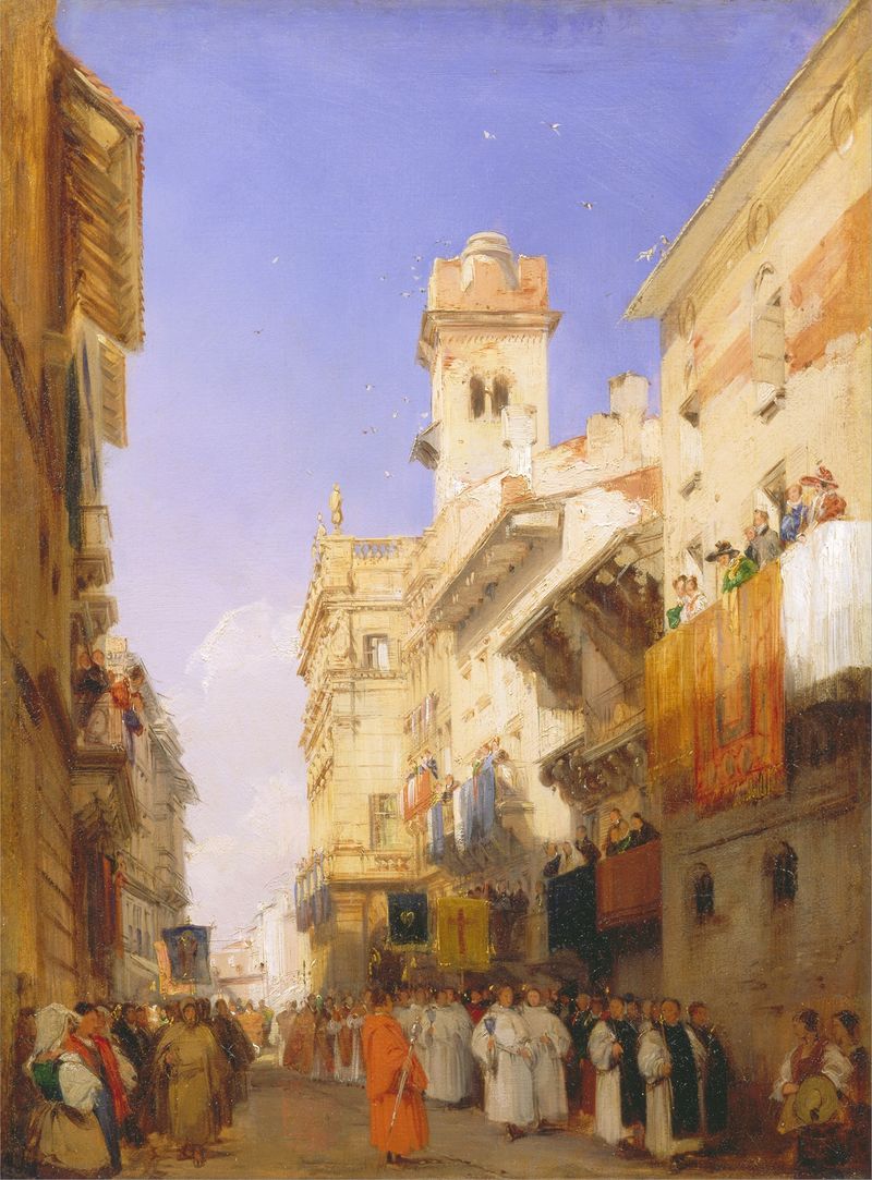 Corso Sant’Anastasia, Verona de Richard Parkes Bonington, óleo sobre lienzo que muestra una escena de calle cálida