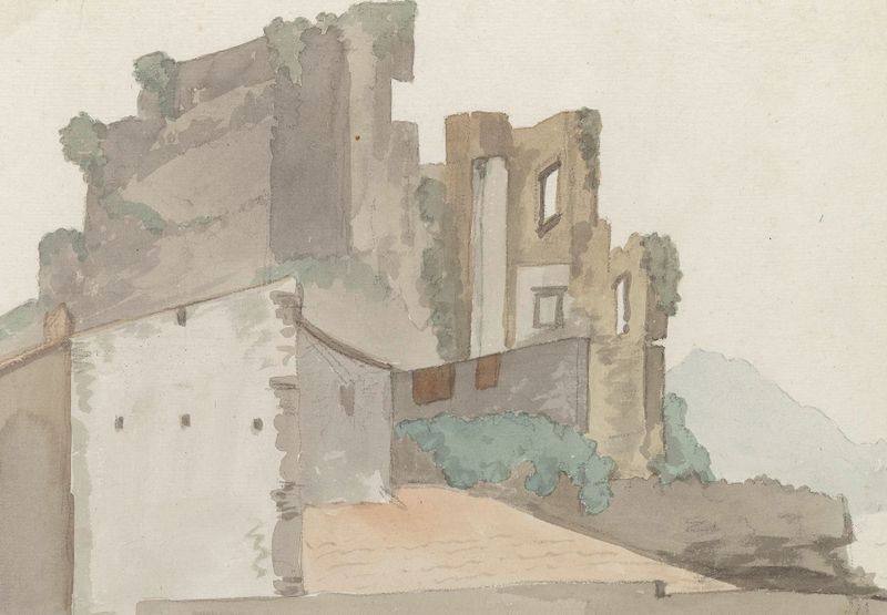 Aquarela de Abraham-Louis-Rodolphe Ducros mostrando as ruínas de Castel Vecchio em uma paisagem