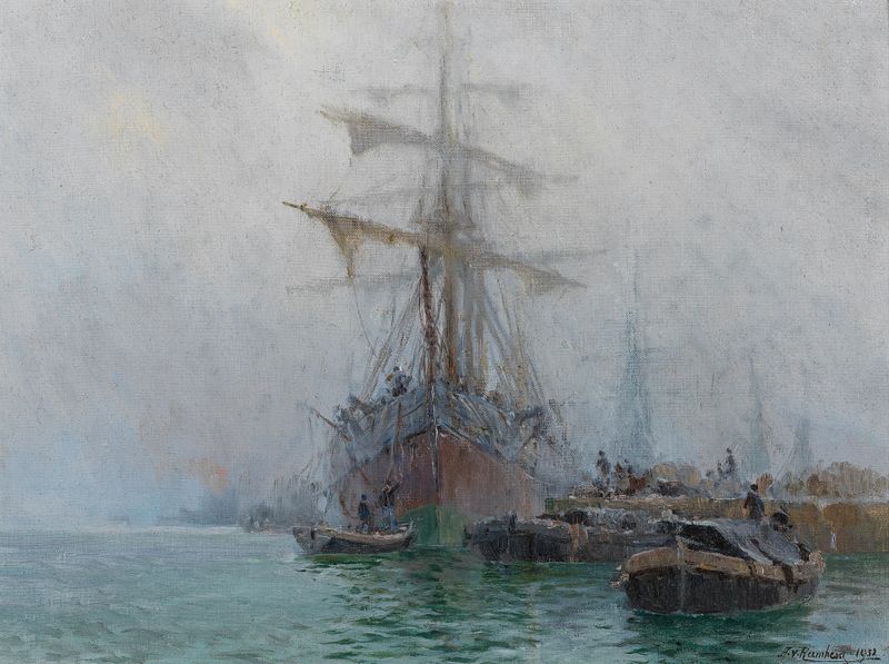 Fishing Boats by the Jetty, oil on canvas by August von Ramberg, depicting boats near a jetty.