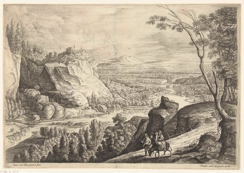 Landschap met de vlucht naar Egypte, etching by Lucas van Uden, featuring rolling hills and trees.