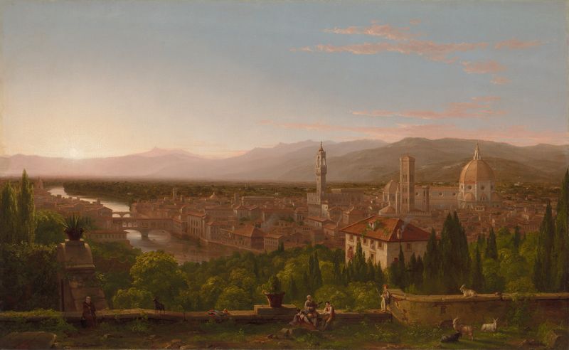 View of Florence de Thomas Cole, óleo sobre lienzo que muestra un paisaje con colinas, arquitectura y un río.